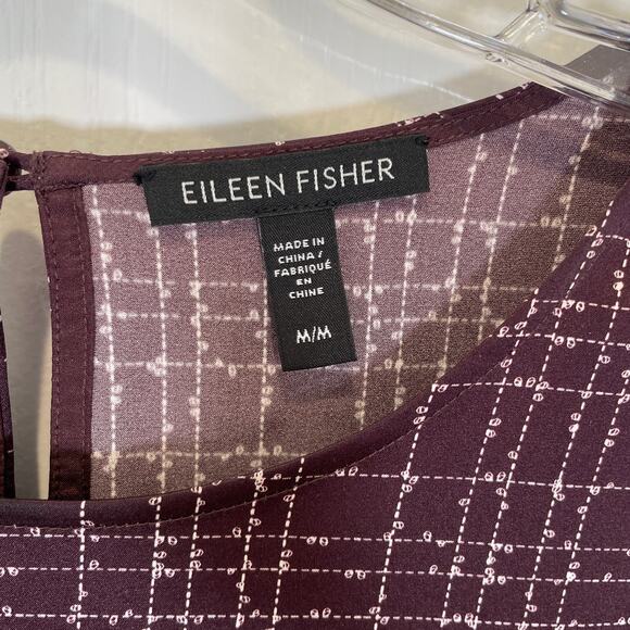 Eileen Fisher Cassis Stretch Silk Top Purple Grid Print Charmeuse Long Sleeve M - Picture 3 of 5